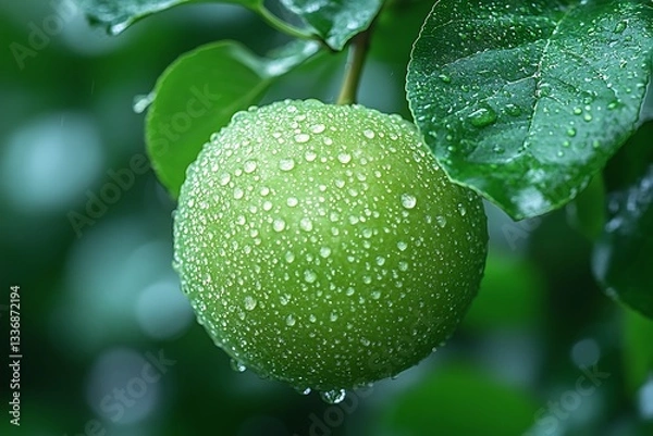 Fototapeta Juicy Green Apple on Branch with Dew Drops Nature Photography