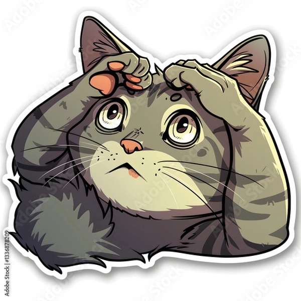 Obraz Confused Cat: An adorable cartoon cat looks up with a perplexed expression, hands covering its face as if struggling to solve a puzzle or understand something.