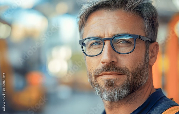 Obraz Happy, mature businessman and face for confidence in professional career as leader outdoors in urban city. Smile, male person or ceo with glasses for pride, ambition and growth in job outside office