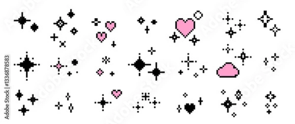 Fototapeta Pixel sparkling stars and hearts in pixel art style. Collection of glittering sparkles in Mood of 90's aesthetics. Y2K 8-bit retro style vector elements.