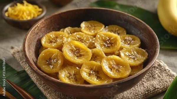 Fototapeta Fried Banana Slices with Coconut Batter in a Bowl Served with Tropical Fruits, Perfectly Cooked to Golden Perfection for a Delicious Dessert Experience