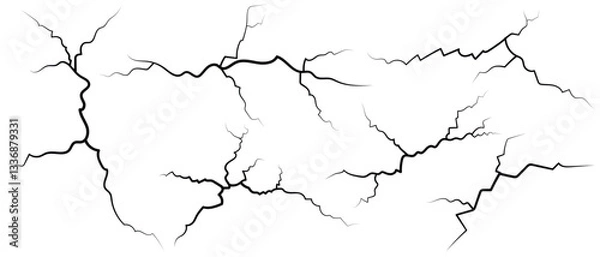 Fototapeta Surface cracks and fissures in ground.  Breaks on land surface from earthquake isolated on white background. Broken ground, wall, glass pattern effect.