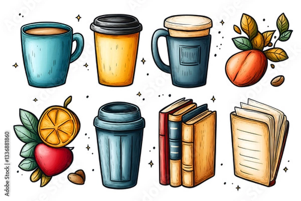 Obraz Coffee & Reads: An inviting assortment of coffee cups, beans, slice of fruit, and stacked books, all presented in an artistic and captivating illustration. 