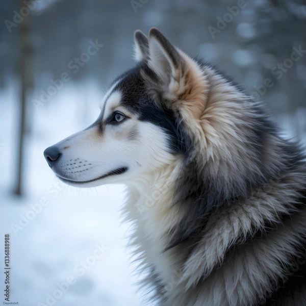 Fototapeta Vertical shallow focus side view of a Siberian husky dog