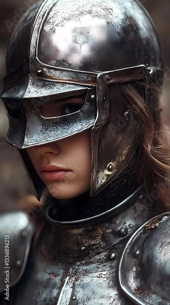 Fototapeta Strong warrior woman in battle armor, standing with a sword, representing noble courage and medieval legends, suitable for epic fantasy, graphic novel style