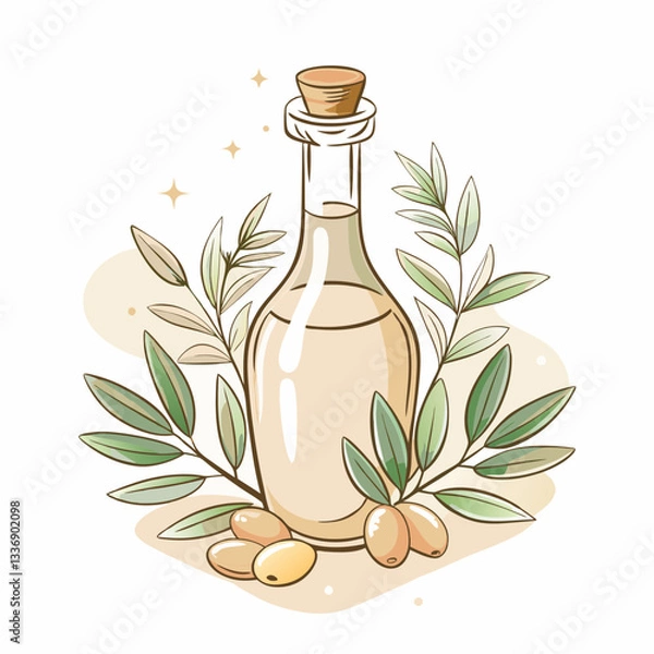 Obraz A decorative olive oil bottle surrounded by fresh olive leaves and olives, showcasing a natural, organic theme suitable for culinary, health, and gourmet food uses in a vibrant illustration style.