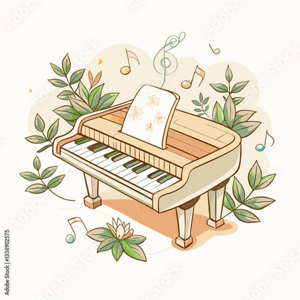 Fototapeta A beautifully illustrated piano surrounded by musical notes and lush greenery, representing the harmony of music with nature, ideal for artistic designs and musical themes.