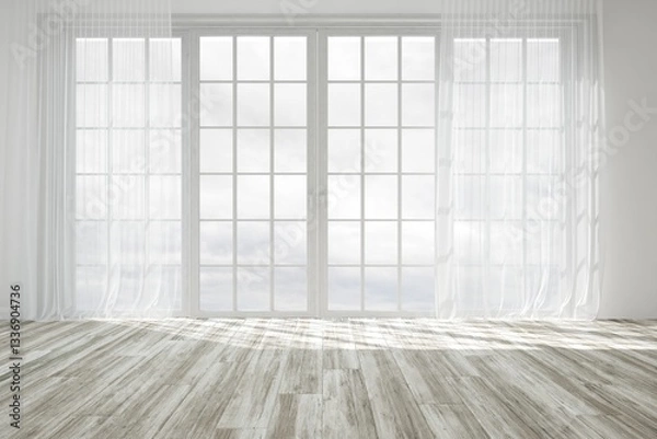 Fototapeta modern empty bright room with beautiful sky background in windows interior design. 3D illustration