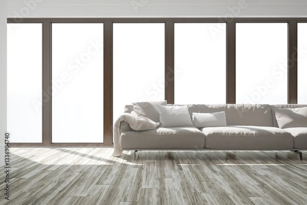 Fototapeta modern empty bright room with big brown windows and sofa with pillows and plaid on it interior design. 3D illustration