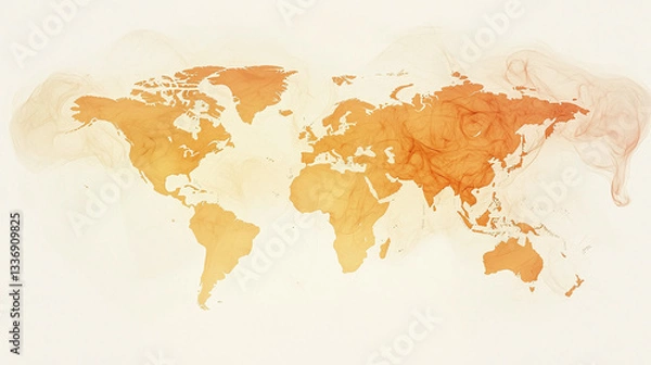 Obraz warm yellow palette watercolor ink world map on white background, smokey fog watercolor atmosphere, global globe one world 2d illustration geography planet earth geographic illustration