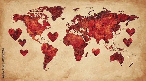 Obraz 2d flat printed world map with red hearts media collage planet earth countries illustration graphic design aged background, make love not war concept spread love on textured paper realistic atlas