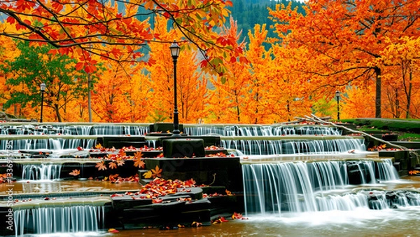 Fototapeta Yellow maple leaves in the water with stones and green moss in the autumn