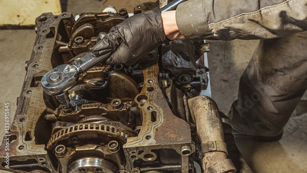 Fototapeta The concept of checking the readiness of the car before leaving.Auto mechanic working and repair on car engine in mechanics garage.Car service.Repairing engine in auto repair shop.Fix repair service