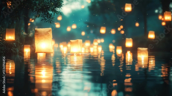 Fototapeta Glowing paper lanterns float on a calm body of water at night, casting warm reflections while others drift in the air against a misty, tree-lined background