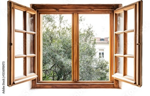 Fototapeta Wooden window open to a garden view