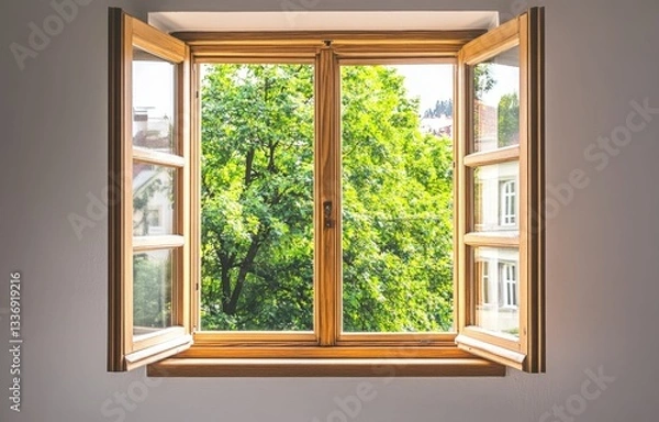 Fototapeta Open window, lush greenery view