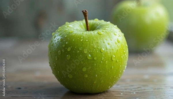 Obraz Green Apple, Fresh green apple with water droplets on blurred background, Close-up picture of juicy green apple