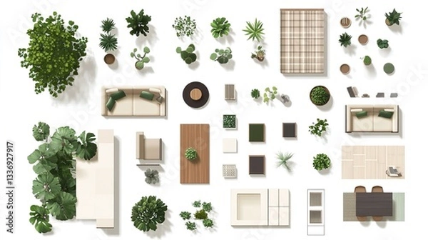 Obraz Kit for a workspace apartment house or office plan. Interior icon collection. Plant table chair and sofa. Symbol for the project or interior design