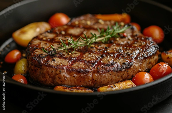 Fototapeta A plate of food with a piece of steak and tomatoes.