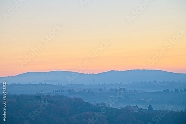 Obraz Sunrise and Fog Umbria Tuscany Italy January