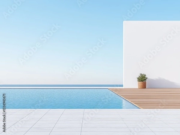 Fototapeta Modern minimalistic poolside view with serene water and clear skies