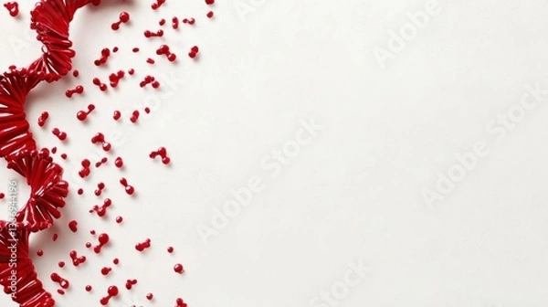 Fototapeta Red Dna Double Helix Strand with Molecular Drops on White Background