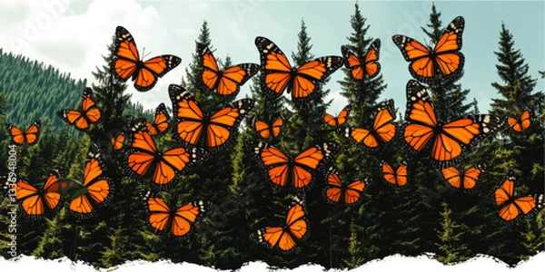 Fototapeta Stunning Monarch Butterflies in Flight Over Lush Evergreen Forest Landscape – Vibrant Nature Scenery with Orange and Black Winged Insects in Serene Wilderness