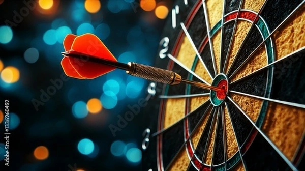 Fototapeta A vibrant image of a dartboard with a dart successfully hitting the bullseye, set against a blurred, colorful background.