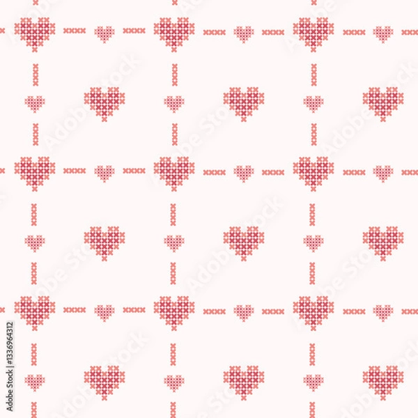Fototapeta Colourful cute heart pixel seamless vector pattern. Pattern cross stitch with heart. Winter knitted checkered for Christmas theme for fabric, scarves, cards, scrapbooks, wrapping paper, and textiles