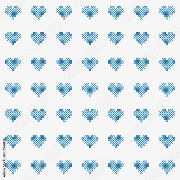 Fototapeta Colourful cute heart pixel seamless vector pattern. Pattern cross stitch with heart. Winter knitted checkered for Christmas theme for fabric, scarves, cards, scrapbooks, wrapping paper, and textiles