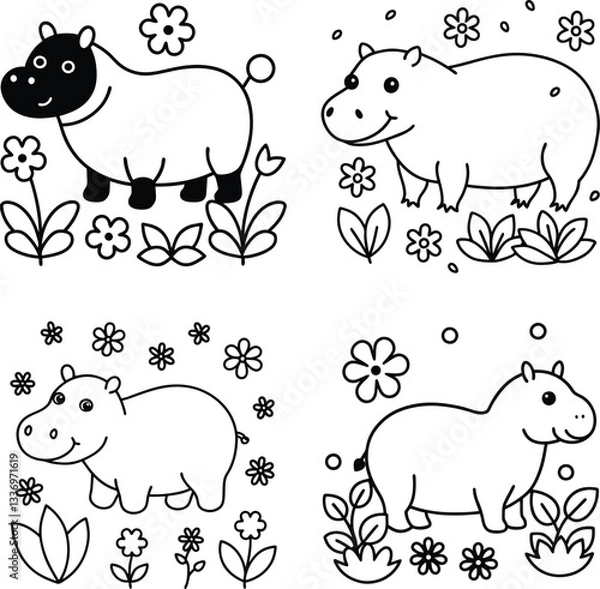 Fototapeta Cute vector illustration set of wild and zoo animals including hippo and more line art coloring page
