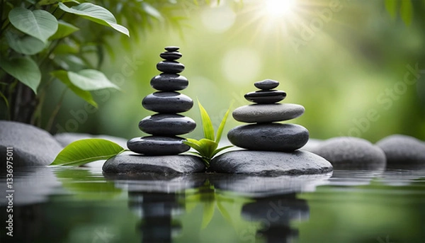 Fototapeta Stacked Stones and Water Reflection — Tranquil Spa Scene with Natural Light & Serenity