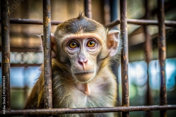 Fototapeta Captive Primate: A Monkey Confined in a Small Cage