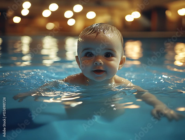 Obraz Cute Baby Exploring Underwater in a Clear Tropical Lagoon With Sunlight Dancing on the Surface During the Day