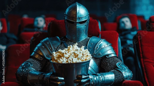 Fototapeta Knight in full plate armor sitting in a movie theater, holding a large bucket of popcorn, watching the screen with excitement