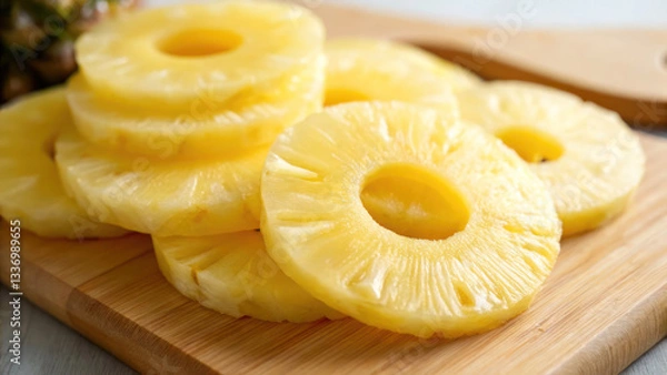 Fototapeta Fresh pineapple slices are arranged neatly on wooden cutting board, evoking sense of summer, breeze, and tropical delight