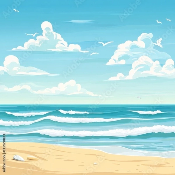 Fototapeta A vector-style beach holiday theme with bright sky, clouds, and wavy sea layers