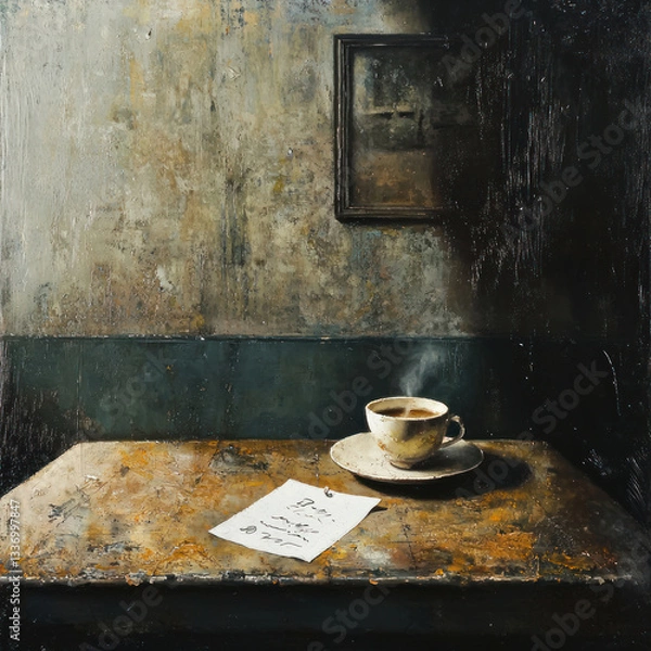 Fototapeta a dark, atmospheric still life in the style of noir or post-apocalyptic realism.  
