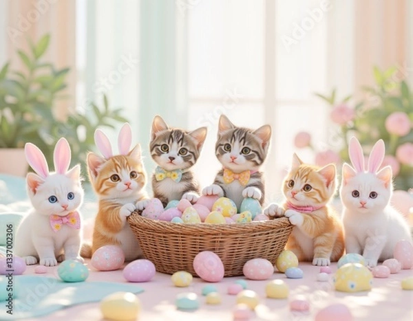 Fototapeta Adorable kittens celebrating easter with colorful eggs