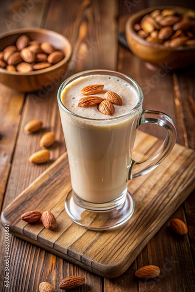 Fototapeta Almond milkshake garnished with whole almonds in a glass mug on a wooden cutting board