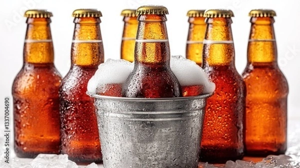 Fototapeta Cold beer bottles in ice bucket on white background
