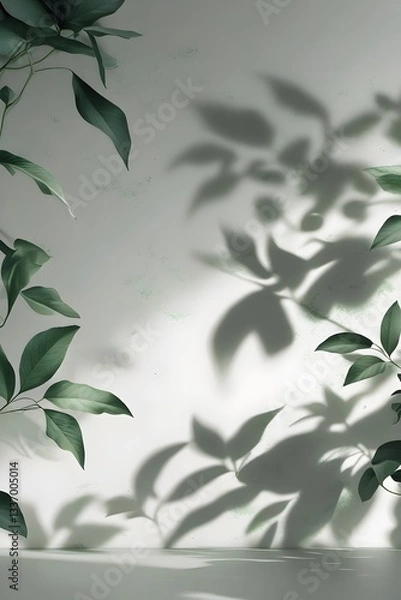 Fototapeta Green leaves with shadows on a white background. Suitable for backgrounds, textures, interior design blogs and projects related to nature and minimalism.