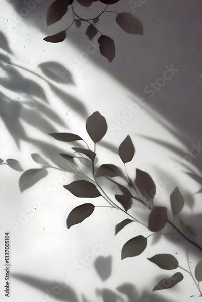 Fototapeta Green plant with shadows on white wall background. Suitable for backgrounds, textures, interior design blogs and projects related to nature and minimalism.