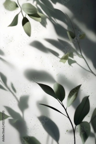 Fototapeta Green leaves cast shadows on white wall background. Suitable for backgrounds, textures, interior design blogs and projects related to nature and minimalism.