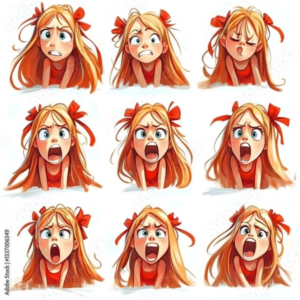 Fototapeta A collection of illustrations depicting a girl with different emotional facial expressions.Suitable for educational materials, animation,character design and projects related to the study of emotions.