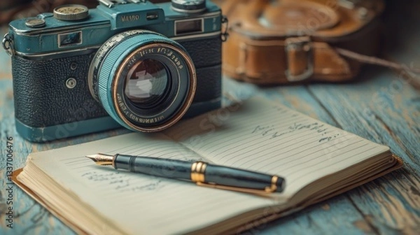 Obraz Vintage camera, notebook, and fountain pen on a rustic wooden table.