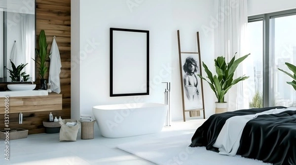 Fototapeta A bedroom with a bed that flows smoothly into a bathroom with a white freestanding bathtub. The interior is done in light colors with wooden elements and large windows.