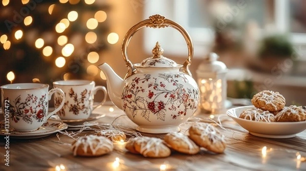 Obraz Festive Christmas tea set with cookies on a wooden table.  Warm lights and bokeh background.