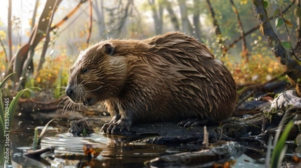 Obraz Beavers in Autumnal Forest Wetland