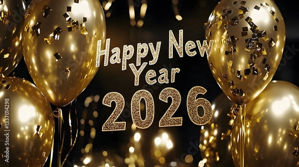 Obraz Happy New Year 2026 Celebration with Golden Balloons and Festive Black Background – Elegant Party Decoration for New Year’s Eve with Shiny Numbers and Confetti in a Luxury Holiday Atmosphere